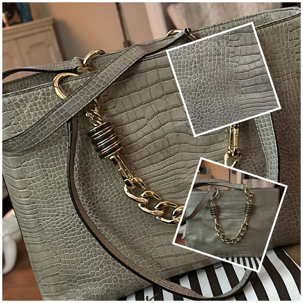 Authentic Henri Bendel Plaza Shopper Satchel, in Gray Croc Embossed Leather GUC